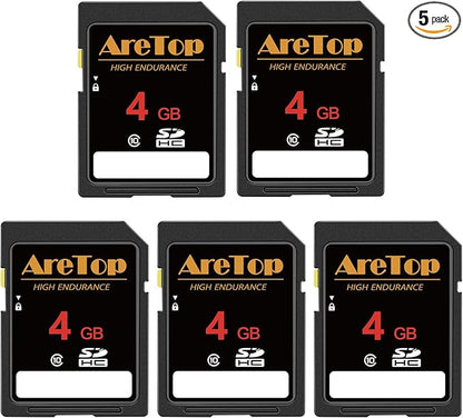 AreTop SD Card 4GB, 5 Pack Class 10 SDHC Memory Card, 5 Pack 4GB Full HD Video Secure Digital Cards for Cameras, DSLR, Action Cams and Trail Camera
