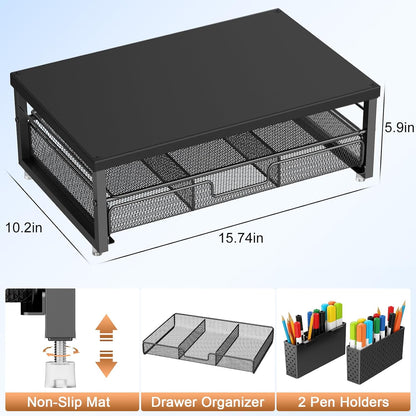 gianotter Wood Monitor Stand Riser, Office Desk Shelf Organizer, Desk Organizer with Drawer and Pen Holder, 2-Tier Computer Stand, Office Organization (Ink)
