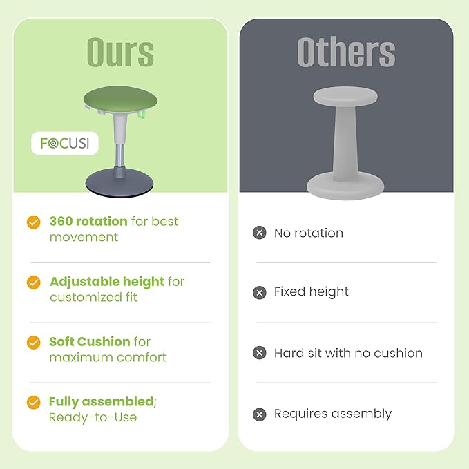 Wobble Stool for Kids Ages 7–12; Adjustable Height Wobble Stools for Classroom Seating with Soft Cushion; Flexible Wiggle Chair for Focus and ADHD Support + Bonus Visual Timer (Nature Green)