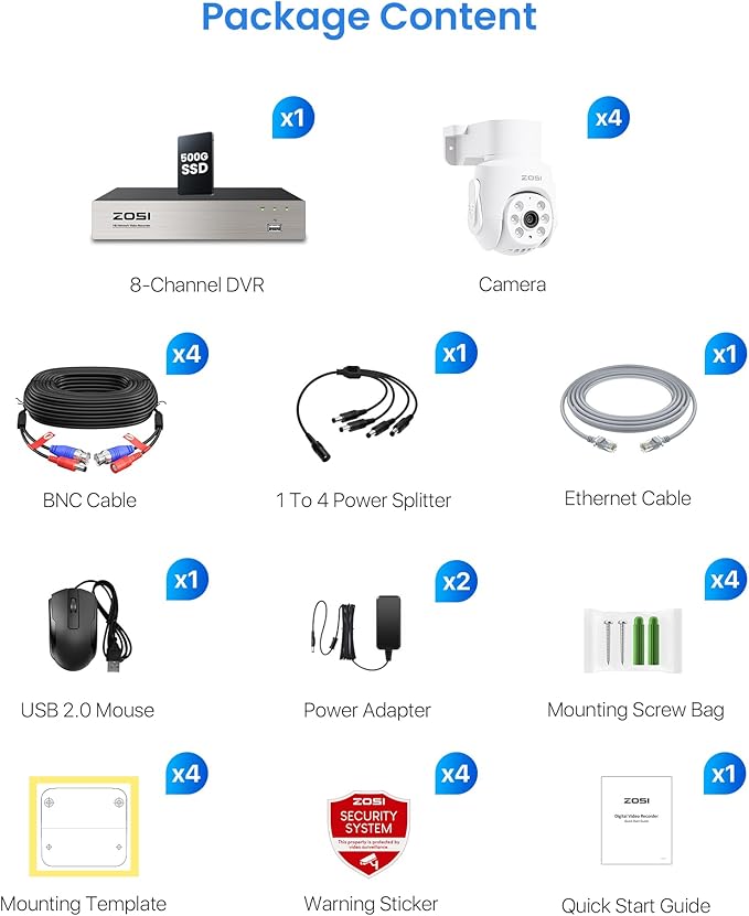 ZOSI 5MP Wired Security Camera System,4pcs 1080p Pan/Tilt 360°View Indoor Outdoor Camera,AI Human Vehicle Detection,Night Vision,One Way Audio,H.265+ 8CH DVR with 500GB SSD for 24/7 Recording