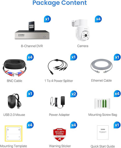 ZOSI 5MP Wired Security Camera System,4pcs 1080p Pan/Tilt 360°View Indoor Outdoor Camera,AI Human Vehicle Detection,Night Vision,One Way Audio,H.265+ 8CH DVR with 500GB SSD for 24/7 Recording