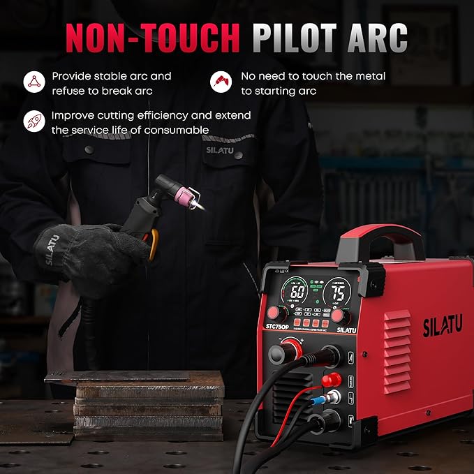 SILATU Plasma Cutter, 75Amps HF Non-Touch Pilot Arc Plasma Cutter Machine, 110/220V Dual Voltage Large LED Display Air Sensor Technology, 5/8'' Clean Cut 1'' Max Cut, PT/2T/4T for Beginners DIY (Red)