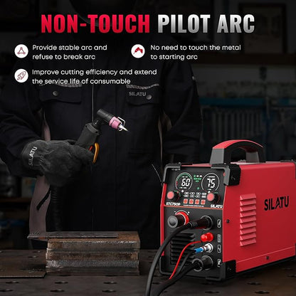 SILATU Plasma Cutter, 75Amps HF Non-Touch Pilot Arc Plasma Cutter Machine, 110/220V Dual Voltage Large LED Display Air Sensor Technology, 5/8'' Clean Cut 1'' Max Cut, PT/2T/4T for Beginners DIY (Red)