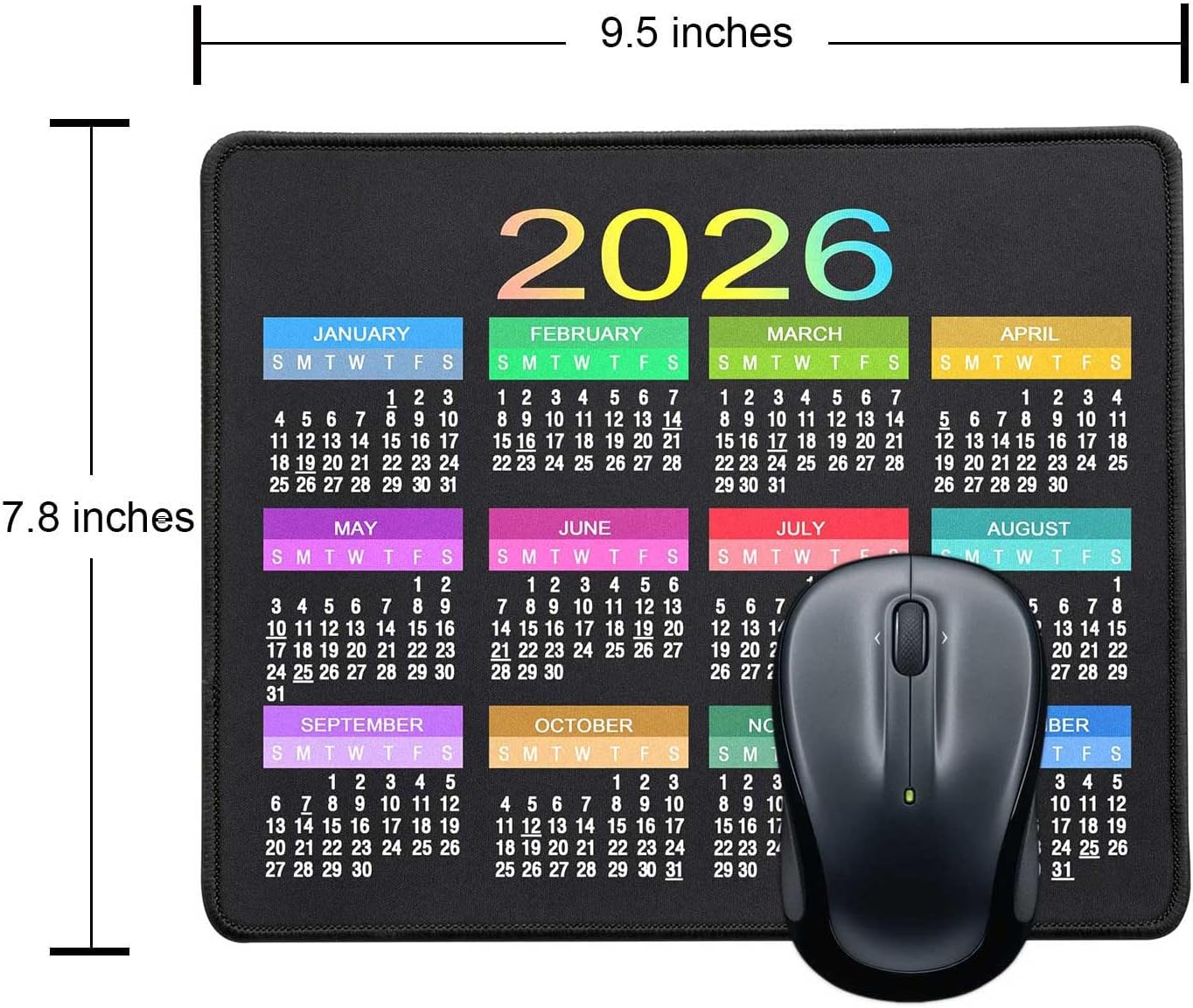 Mouse Pad with Non-Slip Rubber Base, Waterproof Computer Mousepad with Stitched Edges, Mouse Pads for Computers, Laptop, Gaming, Office & Home, 9.5 x 7.8 in (2026 Calendar Colorful)