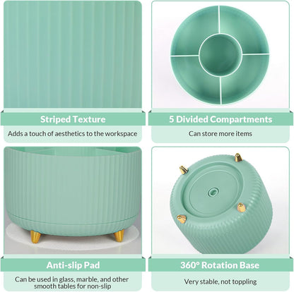 SKYDUE 360 Degree Rotating Desk Organizer, Dual-Purpose Pencil Pen Holder for Desktop, Rotating Desk Pen Organizer with 5 Slots, Pencil Cup for School, Home, Office Supplies (Bean Green)