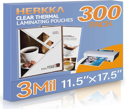 HERKKA 300 Pack Laminating Sheets, Hold 11 x 17 Inch Sheet, 3 Mil Clear Thermal Laminating Pouches 11.5 x 17.5 Inch Lamination Sheet Paper for Laminator, Round Corner