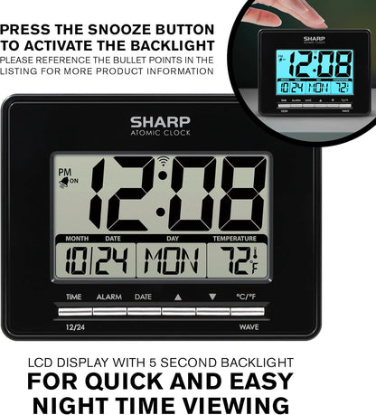 Sharp Atomic Desktop Clock – Auto Set Digital Alarm Clock - Atomic Accuracy - Easy to Read Screen with Time/Date/Temperature Display- Perfect for Nightstand or Desk