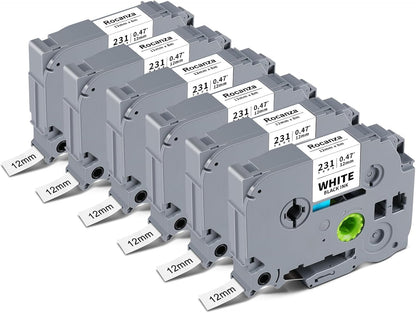 Replace for Brother Label Maker Tape TZe-231 TZe231 12mm 0.47 Laminated White Tz Tape Compatible with P Touch TZe 1/2" Black on White for PT-D220 D210 H110 D200 D400 1280 1880 D610BT Refills, 6-Pack