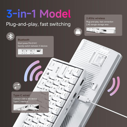 TMKB Wireless Mechanical Gaming Keyboard and Gaming Mouse, M1&T63, 24000DPI, RGB Backlit, 180Hrs Battery, 2.4G/BT5.2/USB-C Wired, Compact 63 Keys Anti-Ghosting-White