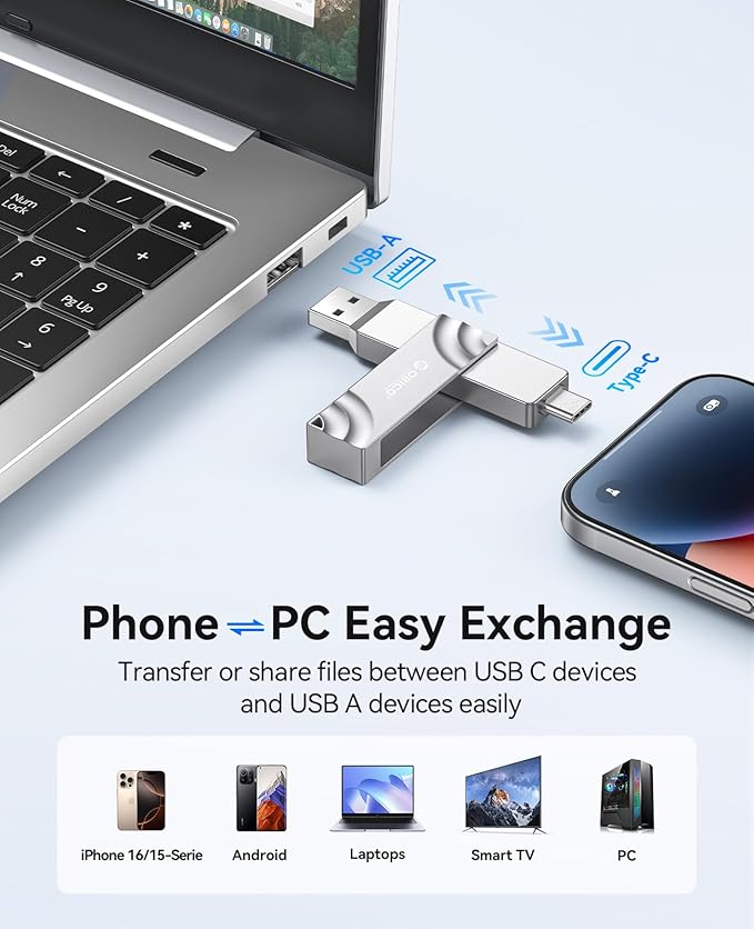 ORICO External SSD 1TB Read/Write Speeds up to 1050MB/s Dual-Port USB 3.2 Gen 2 USB C Portable External Hard Drive with 90° Click-Stop Rotating for iPad Laptop Phone,Match Your Device