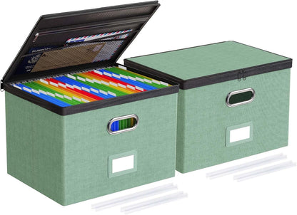 Oterri 2 Pack Large File Organizer Boxes with Lids, File Box with Mesh Pockets, Document Organizer Box for Letter/Legal Size Folders, Zippers Important Document Organizer (Green, Without Folders)