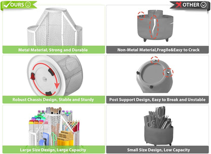 Sturdy Rotating Pen Holder, Cute Metal Pencil Holder, Large Mesh Pen Organizer for Desk, Premium Friendly Office Desk Accessories & Workspace Organizers, White