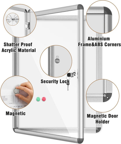 26"x20" Enclosed Bulletin Board, Lockable Weather-Resistant Aluminum Noticeboard for School & Office, Silver Frame w/Magentic Whiteboard