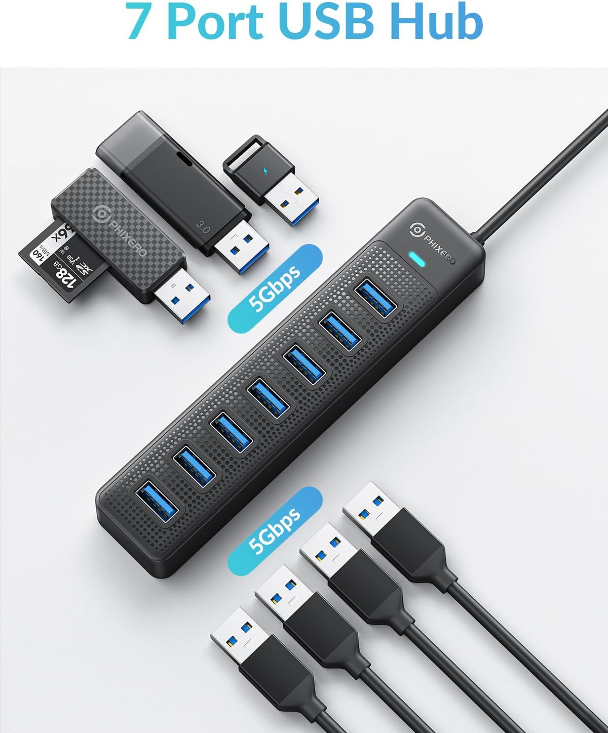 PHIXERO 7 Port USB Hub 3.2 with 1.6FT/50CM Long Cable, Multiport Adapter and Splitter for PC, Compatible with All USB 3.2/2.0/1.1 Devices
