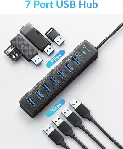 PHIXERO 7 Port USB Hub 3.2 with 15CM Long Cable, Multiport Adapter and Splitter for PC, Compatible with All USB 3.0/2.0/1.1 Devices