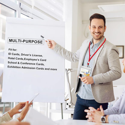 100Pcs Lanyards for ID Badges and 100 Pcs Clear Plastic Horizontal Name Badge ID Card Holders, Flat Neck Lanyards with Clip Waterproof Resealable Name Tag Badge ID Card Holders (Red)