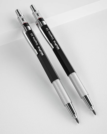 Nicpro 2mm Metal Mechanical Pencil Set, 2PCS Lead Holder 2.0 mm Marker Artist Carpenter Pencils with 120 Graphite Lead Refill (HB 2H 4H 2B 4B & Color), 2 Eraser for Drafting, Drawing Writing Sketching