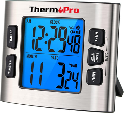 ThermoPro TM02 24 Hours Digital Timer with Dual Kitchen Timers for Cooking, Stop Watches Magnetic Timer Clock with Adjustable Alarm Volume & LCD Backlit Display, Classroom Timer for Kids & Teachers