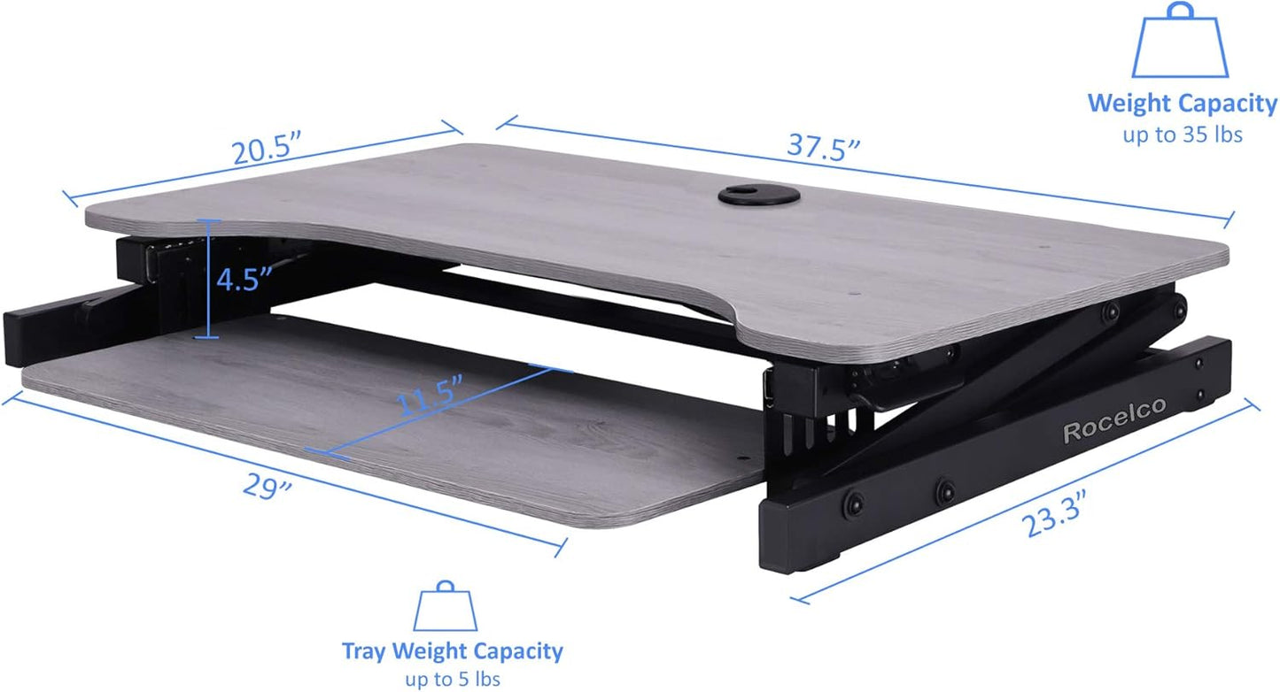 Rocelco 37.5" Height Adjustable Standing Desk Converter with Dual Monitor Mount and Anti Fatigue Mat -Slide Out Retractable Keyboard Tray -Sit Stand Tabletop Riser Workstation -Gray (R DADRG-DM2-MAF)