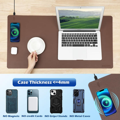 Wireless Charging Desk Mat with Desk Pad for Desktop Charging Large Mouse Pad Waterproof Leather Computer Mat Mouse Pad Non-Slip Protector on Top of Desks for Keyboard and Mouse (brown-l, 32*16inch)