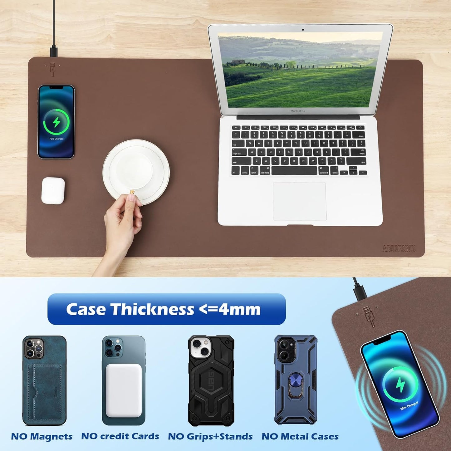 Wireless Charging Desk Mat with Desk Pad for Desktop Charging Large Mouse Pad Waterproof Leather Computer Mat Mouse Pad Non-Slip Protector on Top of Desks for Keyboard and Mouse (brown-l, 36*17inch)