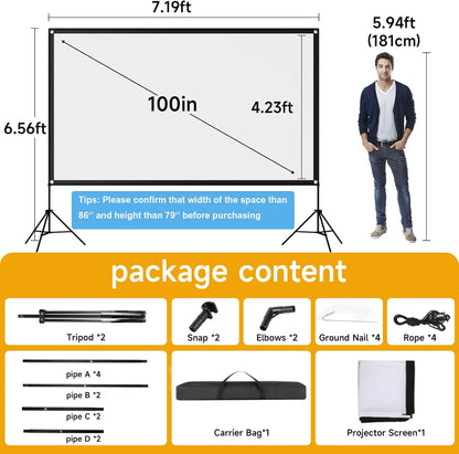 Outdoor Projector Screen with Stand, SCREENMAX 100 inch Foldable Projector Screens with Portable Carry Bag, 16:9 4k HD Rear Front Wrinkle-Free Projection Screen for Movie Night and Indoor Home Theater