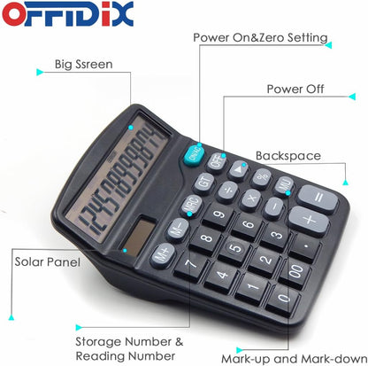 OFFDIX Office Desktop Calculator, Solar and Battery Dual Power Electronic Calculator Portable 12 Digit Large LCD Display Calculator