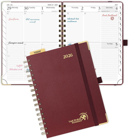 POPRUN 2026 Planner (Medium Size 8.5'' x 6.25'' Wire-Bound Hard Cover) Daily Weekly and Monthly Calendar - Agenda 2026 (Jan.2026-Dec.2026) with Hourly Schedule, Monthly Tabs - Burgundy