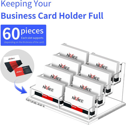 NIUBEE Clear Business Card Holder 4 Tier Acrylic Business Card Stand, 8 Slots Business Card Display for Desk Counter, 600 Card Capacity, 1 Pack