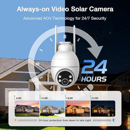 Solar Camera Outdoor Wireless, 2K Color Night Vision, Always-on-Video Security Camera Wireless Outdoor, Smart 24/7 Recording, Auto-Tracking, 2.4GHz Wi-Fi, IP65, Alexa