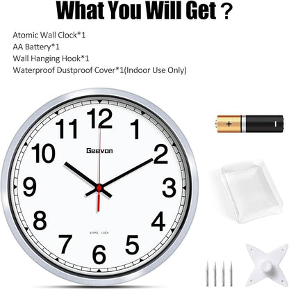 Geevon 12 Inch Atomic Wall Clock - Self-Setting Analog Clock with Automatic Time Sync - Battery Operated for Home Office School - Silver Frame