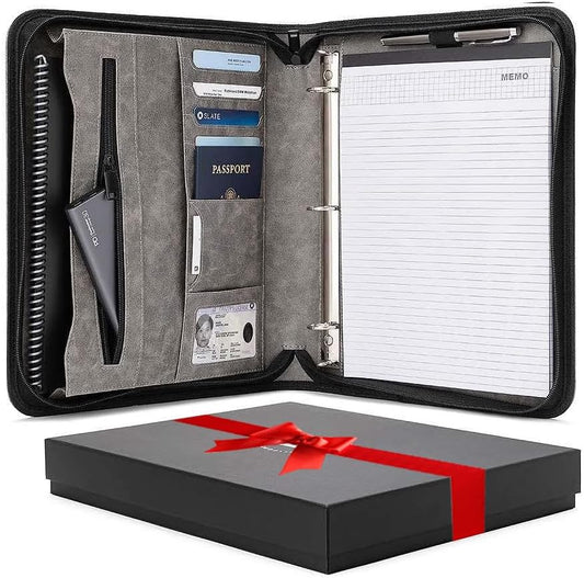 Padfolio Binder - Professional Faux Leather Travel Organizer Pouch for Tablet, Documents, Presentation Folders, Zipper Closure, Detachable 3-Ring Notepad - Gray