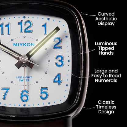 Miykon Small Square Analog Alarm Clock – Silent Non-Ticking, Battery Operated with LED Light & Snooze – Desk, Table, Travel or Bedside Clock for Bedroom, Office, Bathroom – Black 2.5 Inch