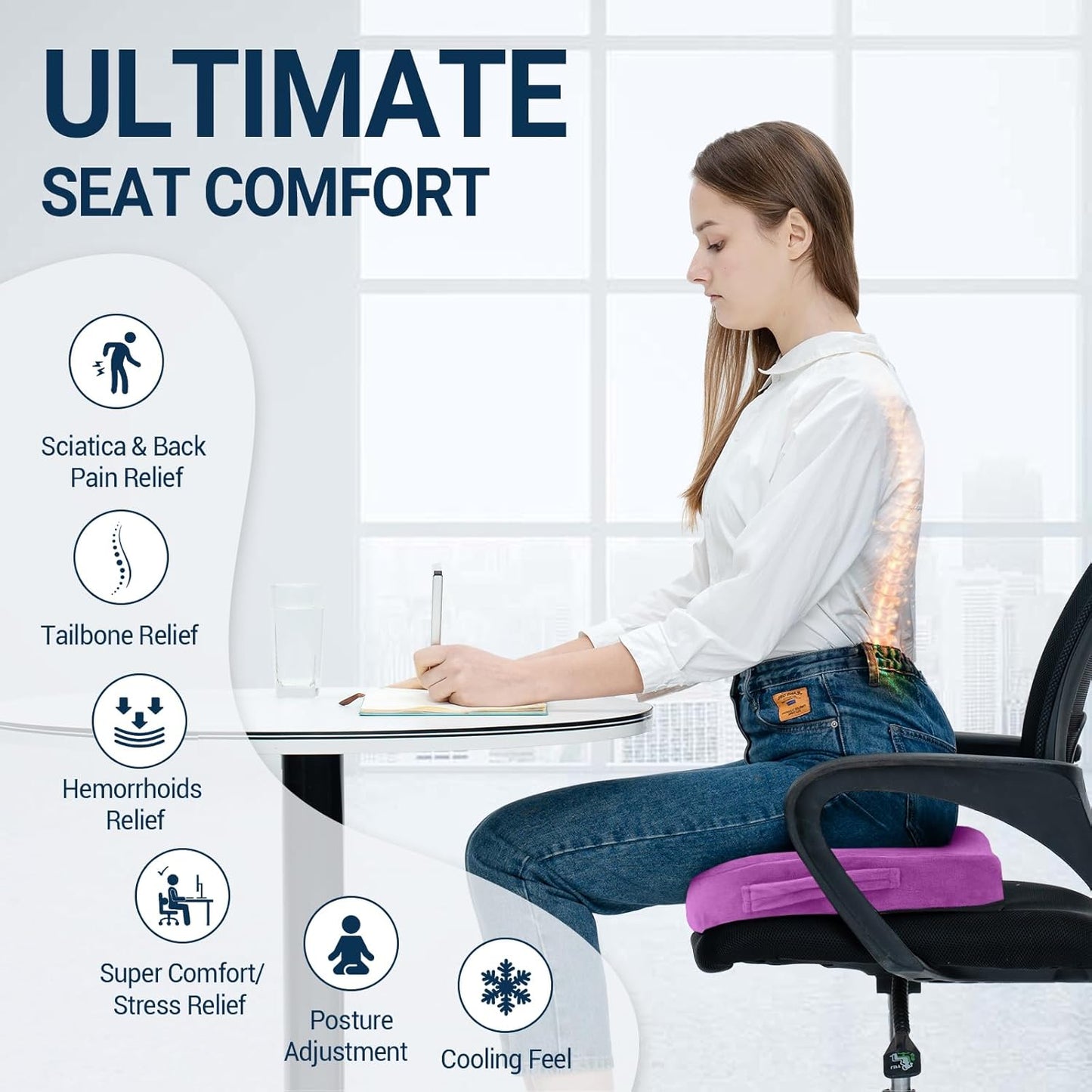 Gel Seat Cushion for Car Office - Memory Foam Pain Relief Chair Pillow Cushions - Tailbone Sciatica Coccyx Butt Lumbar Support Pad for Sitting Driving Traveling, Velvet, Purple