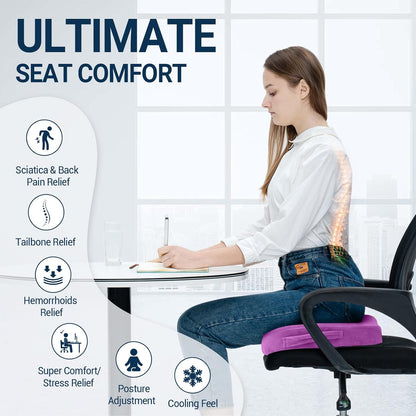 Gel Seat Cushion for Car Office - Memory Foam Pain Relief Chair Pillow Cushions - Tailbone Sciatica Coccyx Butt Lumbar Support Pad for Sitting Driving Traveling, Velvet, Purple