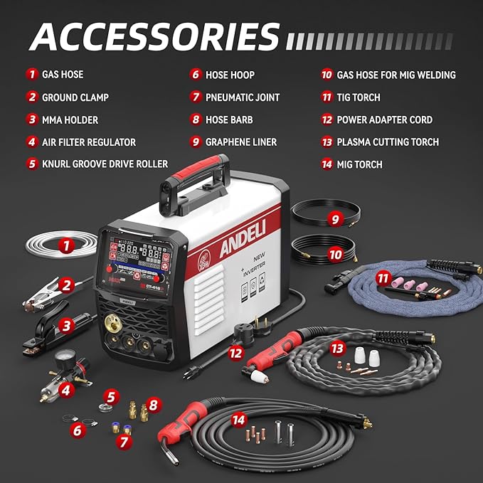 ANDELI Plasma Cutter Welder Combo，Pulse MIG/HF TIG/HF Cut/Stick/Flux Core 6-in 1 Multifunctional Welder，110V/220V Dual Voltage Aluminium MIG Welding Machine,160A MIG/TIG/Stick & 40A Cut