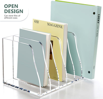 SANRUI Acrylic Magazine File Holder, 6 Vertical Compartments Desk Document Sorter Organizer, Clear Folder Rack Binder Bookstore Workspace Sorters for Office Accessories Organization Storage
