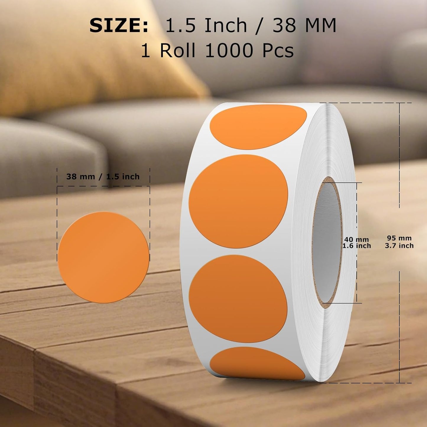 1000 PCS Round Stickers 1.5 Inch Vinyl Orange Colored Dot Sticker Roll Removable Color Coding Circle Labels for Inventory Garage Sale Price Tags
