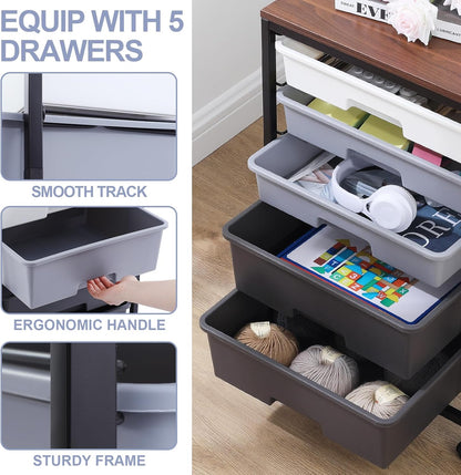 Utility Cart with 5 Drawers,Storage Drawer Cart with Wooden Tabletop and Lockable Wheels,Craft Storage Trolley Cart,5-Tier Rolling Utility Cart on Wheels,Dark Grey