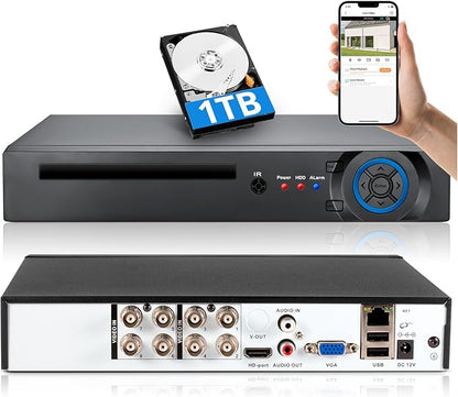 Fuers 5MP 8CH CCTV DVR Recorder with 1TB HDD,Human/Face Detection, 8 Channel 1080p H.265+ Hybrid 6-in-1 Home Surveillance Wired DVR for HD-CVBS/XVI/TVI/CVI/IP/AHD Analog Security Camera
