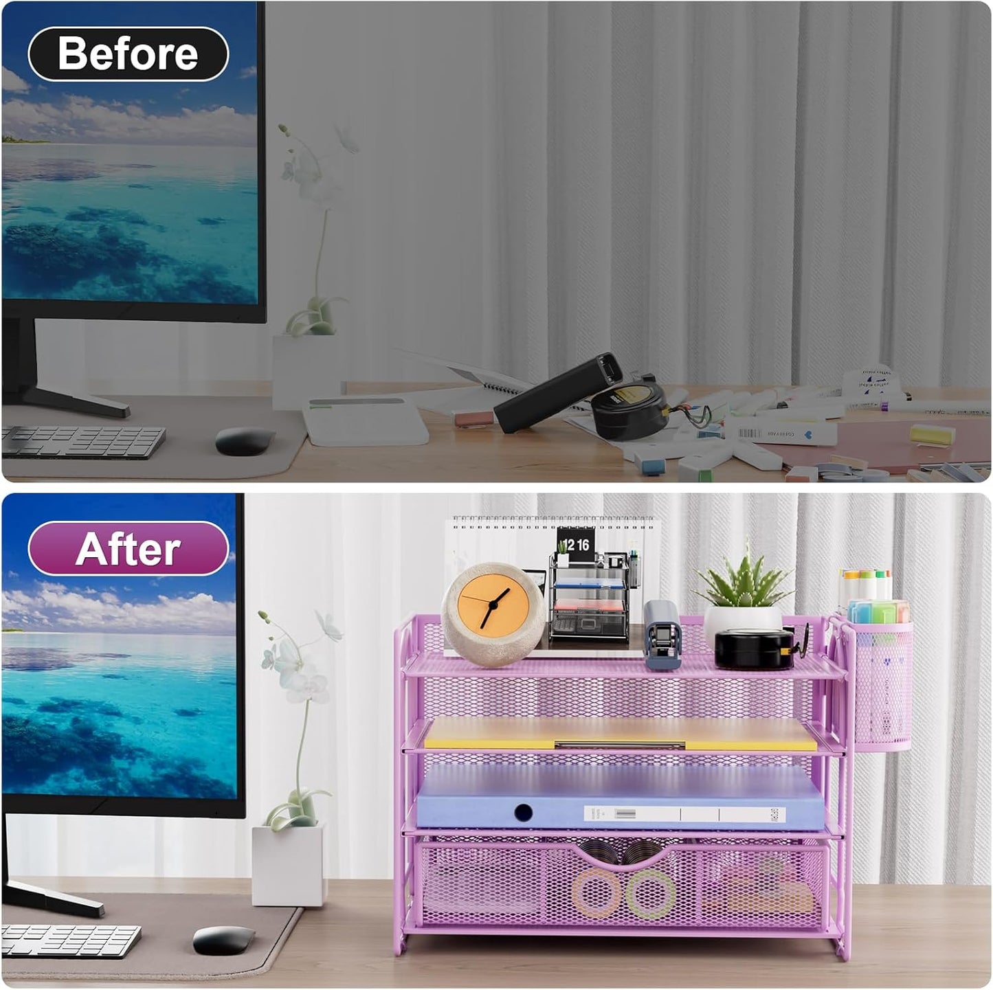 Marbrasse 4-Trays Desk File Organizer with 2 Pen Holder, Desktop Hanging File Holder with Drawer, Paper Letter Tray Organizer (Purple)