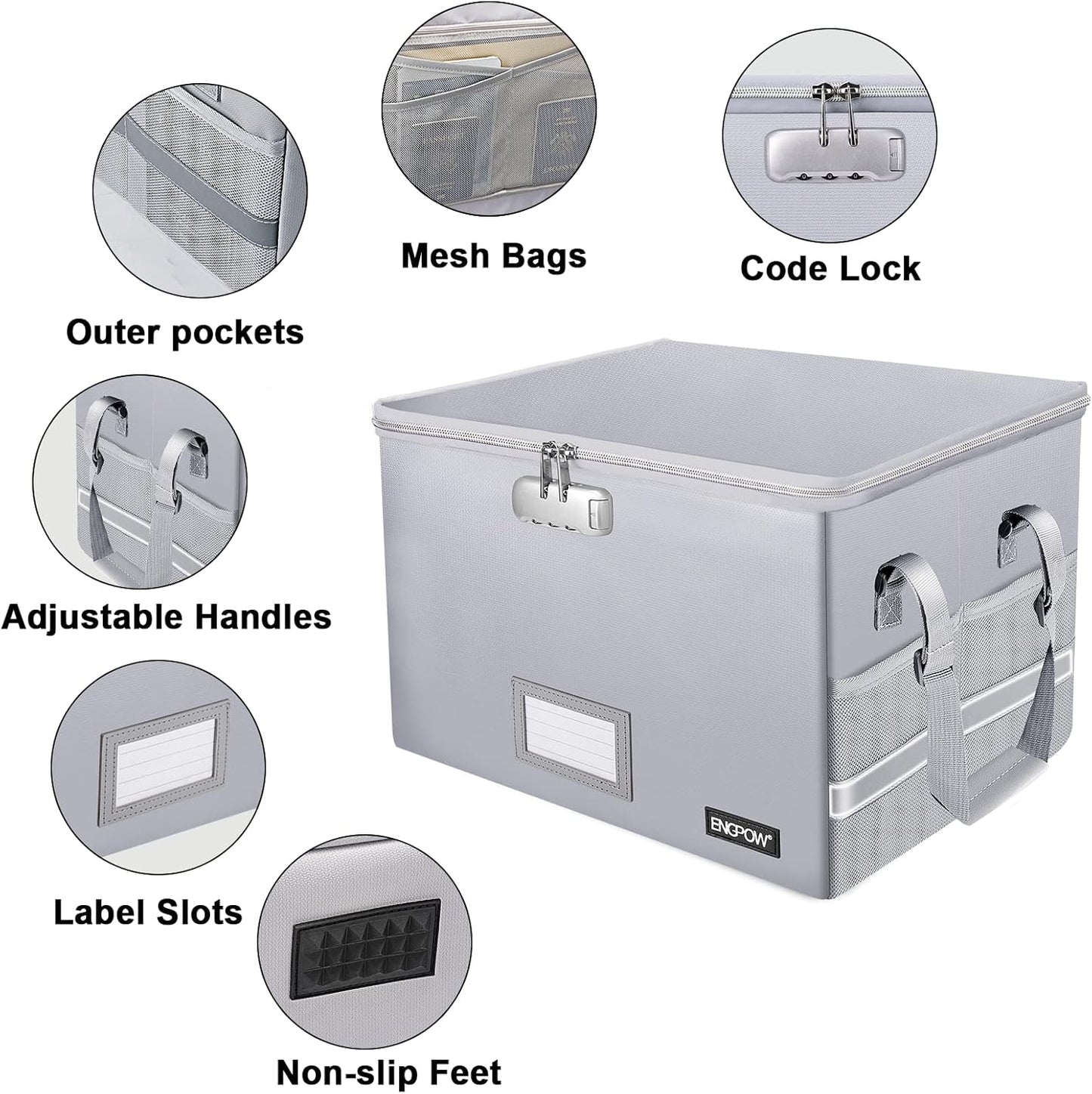 ENGPOW File Box with Lock, Fireproof Document Box with Zipper＆Pockets, Collapsible File Organizer Filing Storage Cabinet with Handle, Portable Home Office Safe for Hanging Letter/Legal Folder,Silver