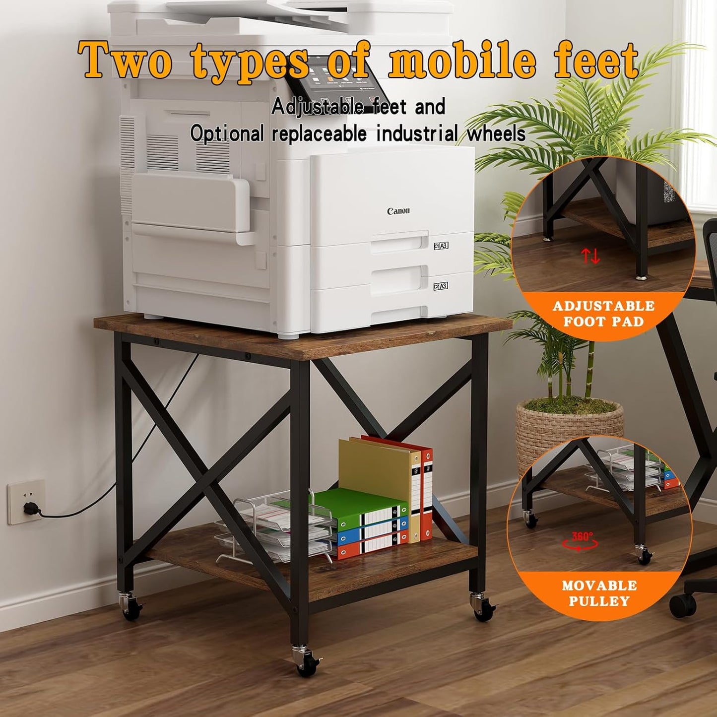 Large Printer Stand with Power Outlet, with Storage Shelf, 2 Tier Rolling Printer Cart with Industrial Wheels, 23.6 x 23.6 Inches Printer Table for Home Office,Rustic Brown