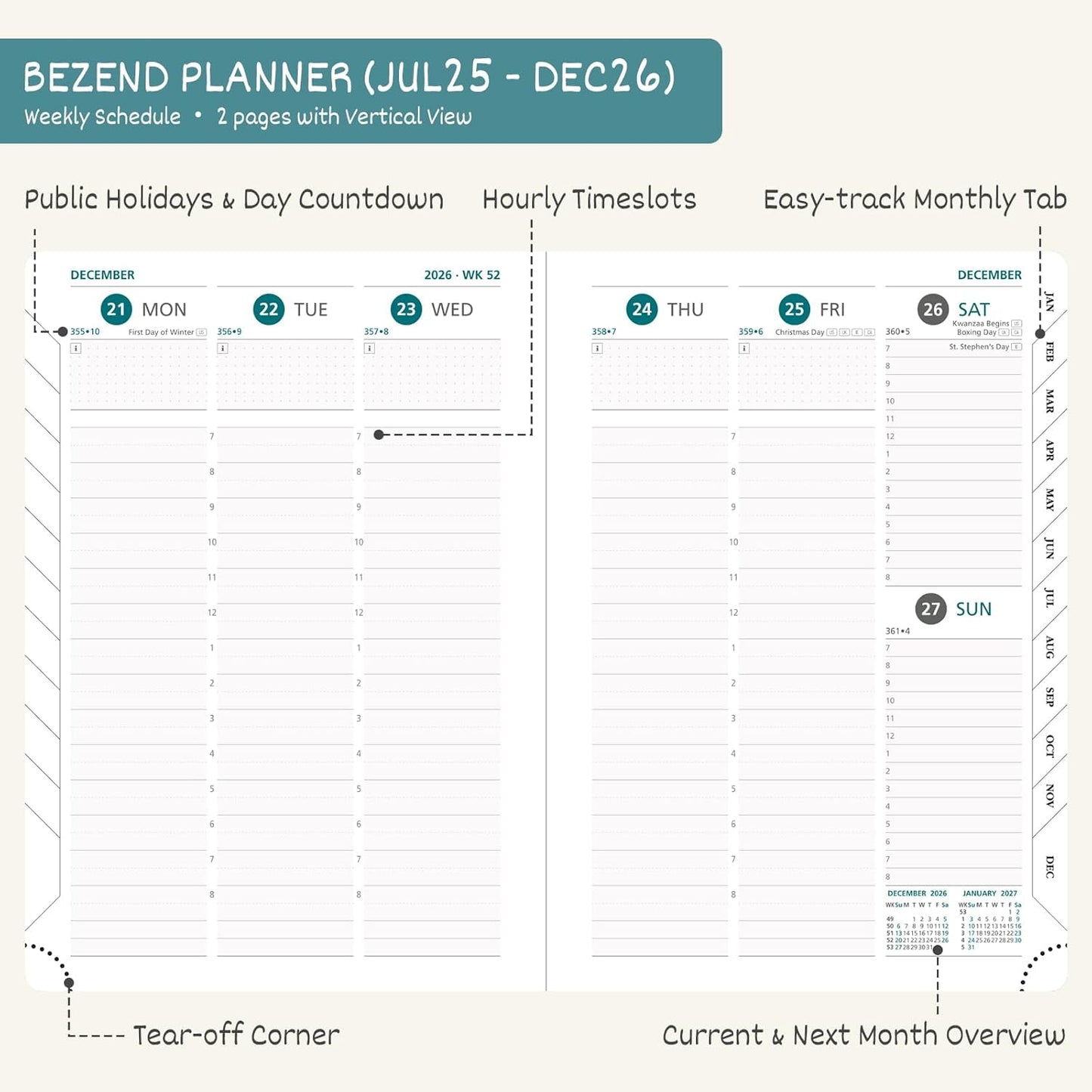 BEZEND Planner 2025-2026 Weekly and Monthly, 8.5" x 11" Academic Calendar (Jul 25-Dec 26) Vertical Daily Appointment with Hourly Timeslot & Monthly Tab, PU Leather Hardcover - Mint Green