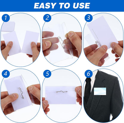 100 Pcs Name Tags Holders with Pin 3.5 X 2.2 in Names Badge Pin Holders with 100 Pcs Inserts Card Clear Plastic Name Tag Holder for Meeting Seminar Show Event