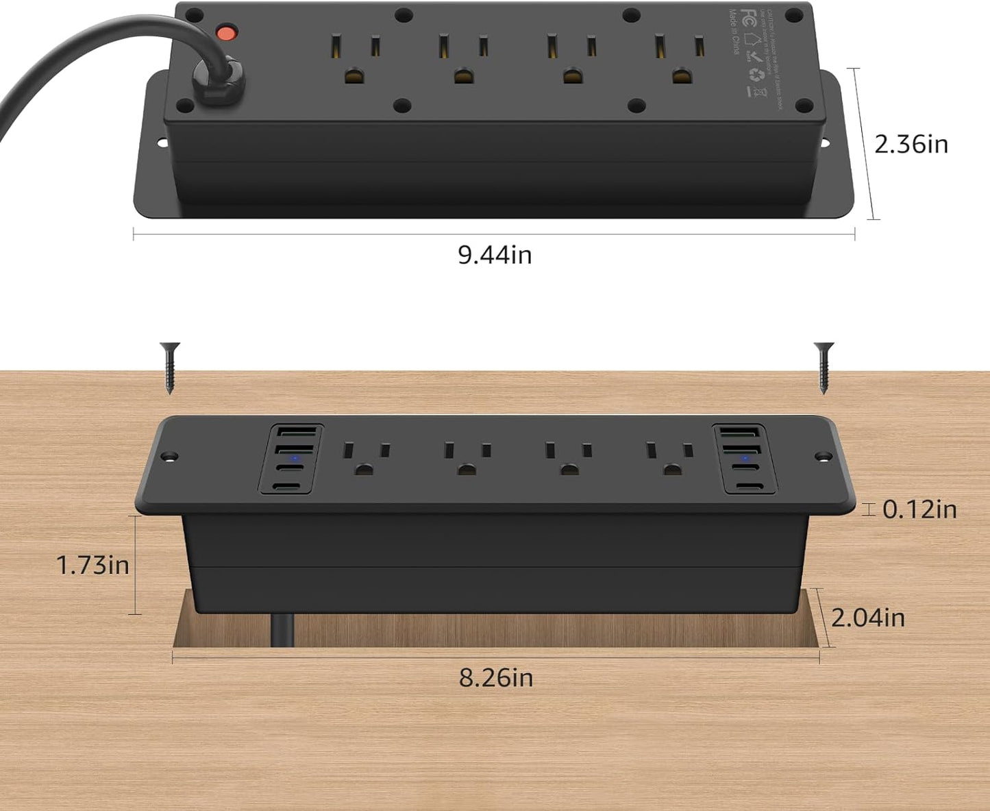 HHSOET 16 in 1 Recessed Power Strip Flat Plug, 45W Fast Charging Furniture Outlet with USB, Conference Recessed Surge Protection with 8 AC Plugs, 4 USB Ports 4 USB-C, 6ft Power Cord.(Black)