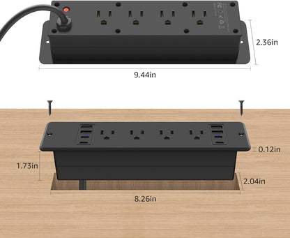 HHSOET 16 in 1 Recessed Power Strip Flat Plug, 45W Fast Charging Furniture Outlet with USB, Conference Recessed Surge Protection with 8 AC Plugs, 4 USB Ports 4 USB-C, 6ft Power Cord.(Black)