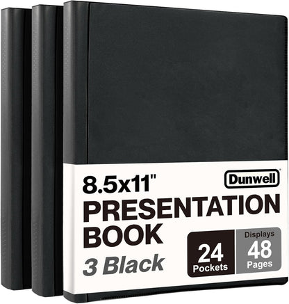 Dunwell Presentation Binder 24-Pocket, Displays 48 Pages, 8.5x11 Portfolio Binder with Plastic Sleeves, Storage and Organizer for Documents, Certificates, Projects, Photos (3 Pack, Black)