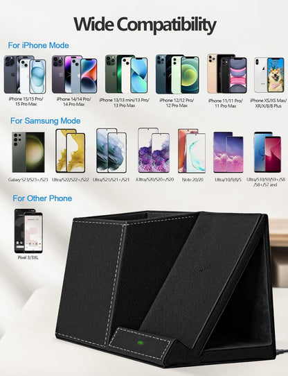 Desk Supplies Organizer, Multi-Functional Pencil Pen Holder with Wireless Charger, Desktop Stationery Organizer, Home Office Supply Storage Box Caddy (Black)