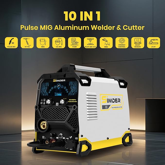 SSIMDER MIG Welder 200A Plasma Cutter Welder Combo With 18PCS 15AK MIG Consumables 10 in 1 Multiprocess Welder Pulse MIG/Gas MIG/Flux Core/HF TIG/Stick/Cut Aluminum Welder for Home DIY Outdoor